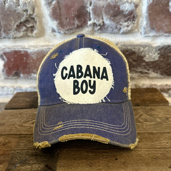 Cabana Boy hat by BohoGroove featuring black Cabana Boy lettering on a distressed off-white patch on a royal blue vintage distressed snapback trucker hat.