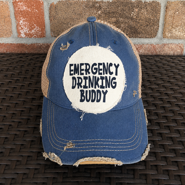 Emergency Drinking Buddy hat by BohoGroove featuring a funny drinking patch on a royal blue vintage distressed snapback trucker hat.