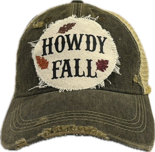 Howdy Fall hat by BohoGroove with black HOWDY FALL lettering and glitter fall leaves on a black vintage distressed snapback.
