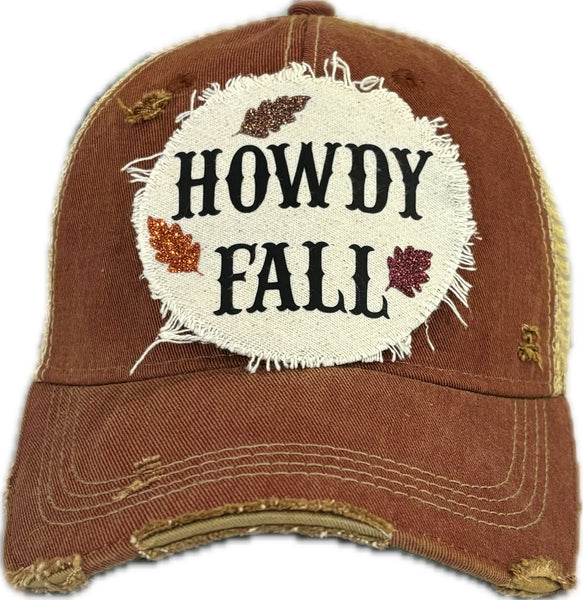 Howdy Fall hat by BohoGroove with black HOWDY FALL lettering and glitter fall leaves on a brick red vintage distressed snapback.