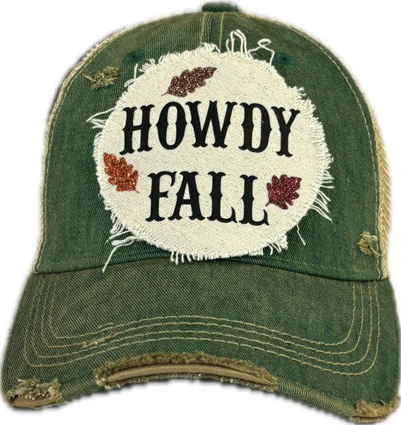 Howdy Fall hat by BohoGroove with black HOWDY FALL lettering and glitter fall leaves on a green vintage distressed snapback.