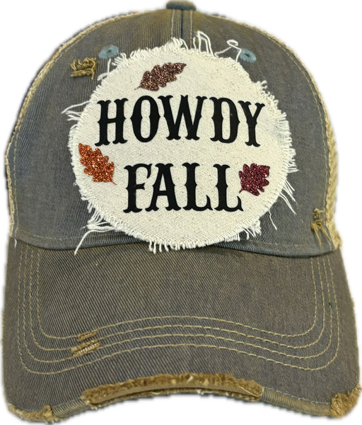 Howdy Fall hat by BohoGroove with black HOWDY FALL lettering and glitter fall leaves on a light blue vintage distressed snapback.