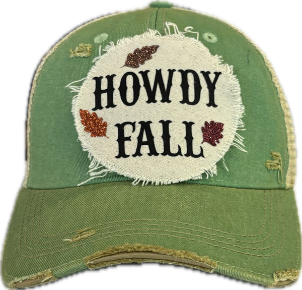 Howdy Fall hat by BohoGroove with black HOWDY FALL lettering and glitter fall leaves on a mint vintage distressed snapback.