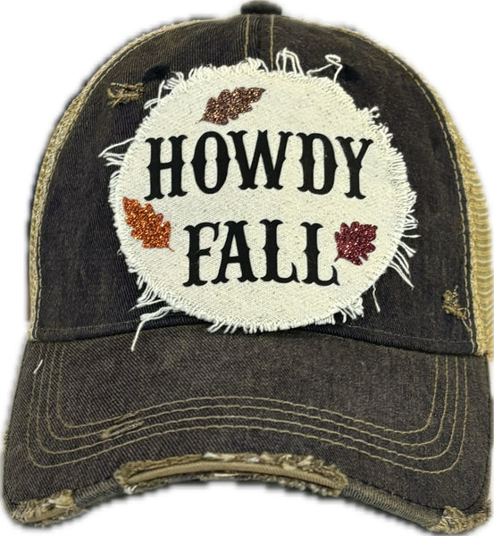 Howdy Fall hat by BohoGroove with black HOWDY FALL lettering and glitter fall leaves on a navy blue vintage distressed snapback.