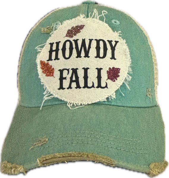 Howdy Fall hat by BohoGroove with black HOWDY FALL lettering and glitter fall leaves on an ocean blue vintage distressed snapback.