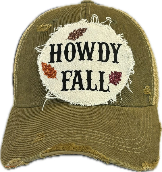 Howdy Fall hat by BohoGroove with black HOWDY FALL lettering and glitter fall leaves on an olive vintage distressed snapback.