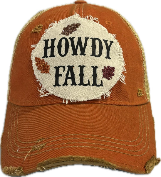 Howdy Fall hat by BohoGroove with black HOWDY FALL lettering and glitter fall leaves on an orange vintage distressed snapback.