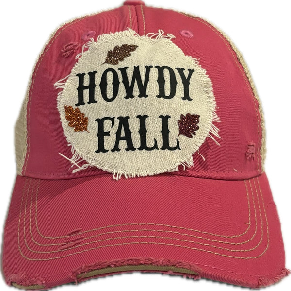 Howdy Fall hat by BohoGroove with black HOWDY FALL lettering and glitter fall leaves on a pink vintage distressed snapback.