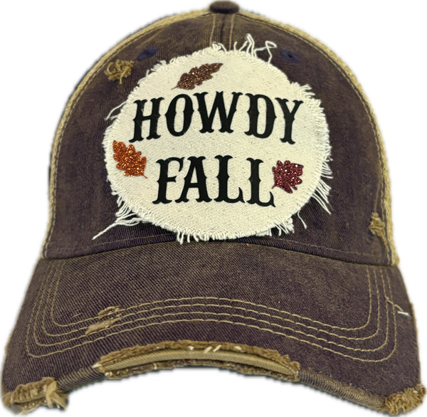 Howdy Fall hat by BohoGroove with black HOWDY FALL lettering and glitter fall leaves on a purple vintage distressed snapback.