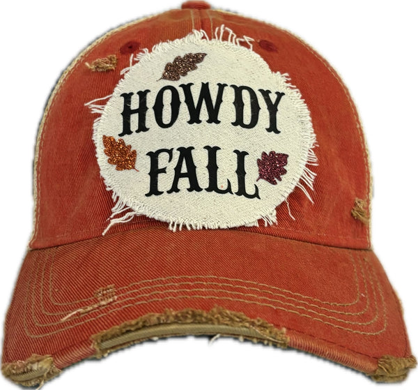Howdy Fall hat by BohoGroove with black HOWDY FALL lettering and glitter fall leaves on a red vintage distressed snapback.