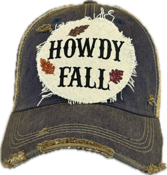 Howdy Fall hat by BohoGroove with black HOWDY FALL lettering and glitter fall leaves on a royal blue vintage distressed snapback.