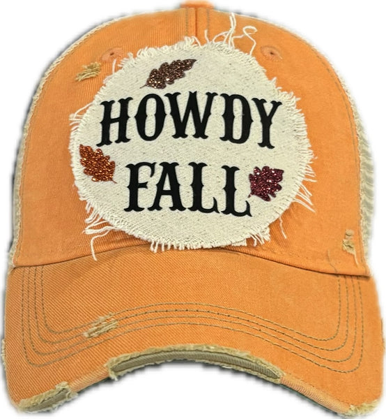 Howdy Fall hat by BohoGroove with black HOWDY FALL lettering and glitter fall leaves on a sherbet vintage distressed snapback.