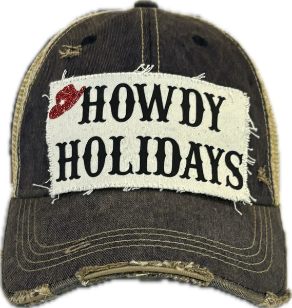 Howdy Holidays hat by BohoGroove with black Howdy Holidays lettering on a distressed off-white custom patch on a black vintage distressed snapback.