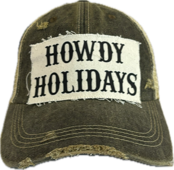 Howdy Holidays hat by BohoGroove with black Howdy Holidays lettering on a distressed off-white custom patch on a black vintage distressed snapback.