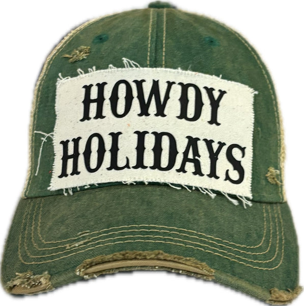Howdy Holidays hat by BohoGroove with black Howdy Holidays lettering on a distressed off-white custom patch on a green vintage distressed snapback.