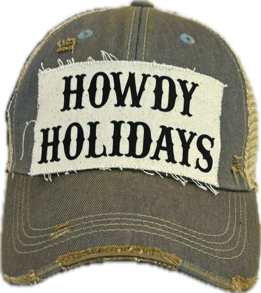 Howdy Holidays hat by BohoGroove with black Howdy Holidays lettering on a distressed off-white custom patch on a light blue vintage distressed snapback.