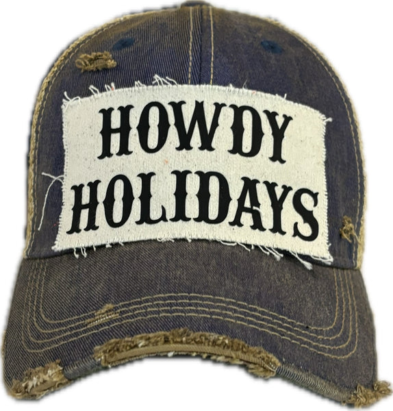 Howdy Holidays hat by BohoGroove with black Howdy Holidays lettering on a distressed off-white custom patch on a navy blue vintage distressed snapback.