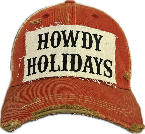 Howdy Holidays hat by BohoGroove with black Howdy Holidays lettering on a distressed off-white custom patch on a red vintage distressed snapback.