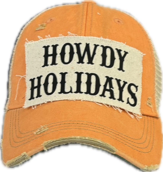 Howdy Holidays hat by BohoGroove with black Howdy Holidays lettering on a distressed off-white custom patch on a sherbet vintage distressed snapback.