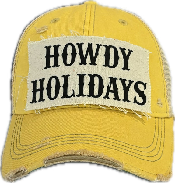 Howdy Holidays hat by BohoGroove with black Howdy Holidays lettering on a distressed off-white custom patch on a yellow vintage distressed snapback.