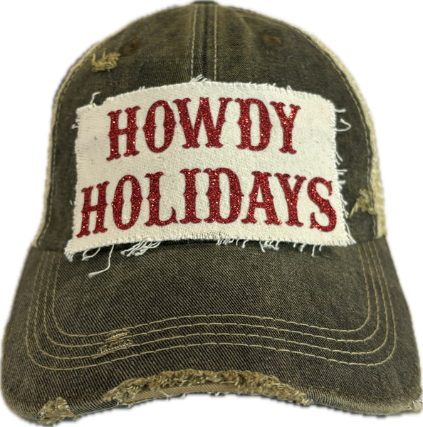 Howdy Holidays Red Glitter hat by BohoGroove with red glitter Howdy Holidays lettering on a distressed off-white custom patch on a black vintage distressed snapback.