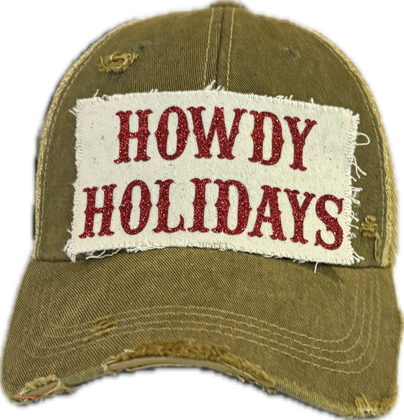 Howdy Holidays Red Glitter hat by BohoGroove with red glitter Howdy Holidays lettering on a distressed off-white custom patch on an olive vintage distressed snapback.