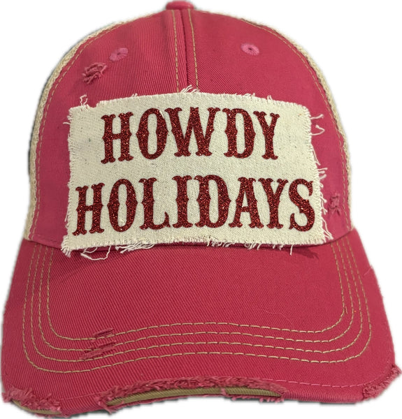 Howdy Holidays Red Glitter hat by BohoGroove with red glitter Howdy Holidays lettering on a distressed off-white custom patch on a pink vintage distressed snapback.