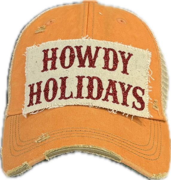 Howdy Holidays Red Glitter hat by BohoGroove with red glitter Howdy Holidays lettering on a distressed off-white custom patch on a sherbet vintage distressed snapback.