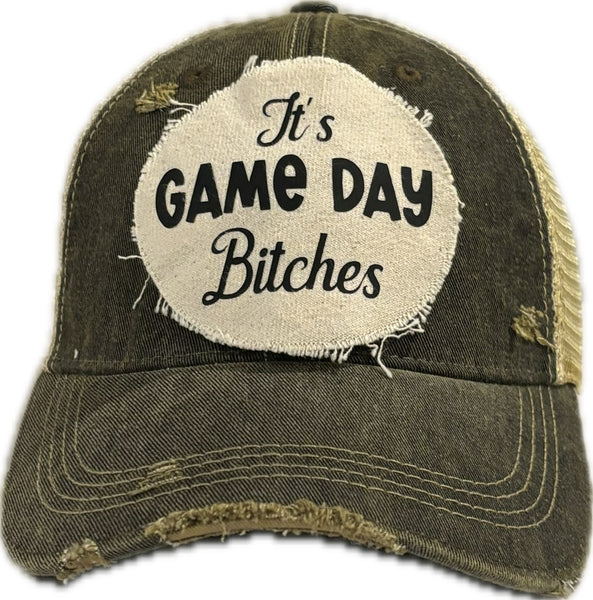 It's Game Day Bitches hat by BohoGroove featuring black It's Game Day Bitches lettering on a black vintage distressed snapback hat