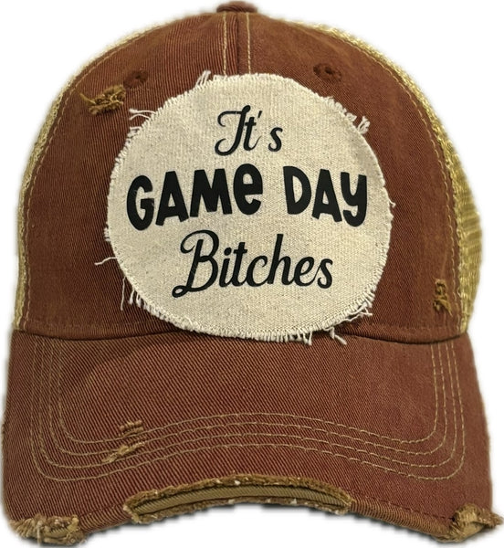 It's Game Day Bitches hat by BohoGroove featuring black It's Game Day Bitches lettering on a brick red vintage distressed snapback hat