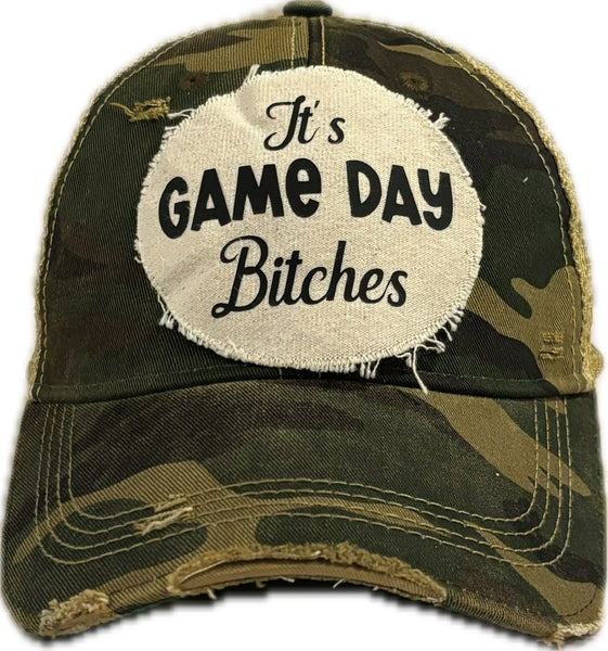 It's Game Day Bitches hat by BohoGroove featuring black It's Game Day Bitches lettering on a  camo vintage distressed snapback hat