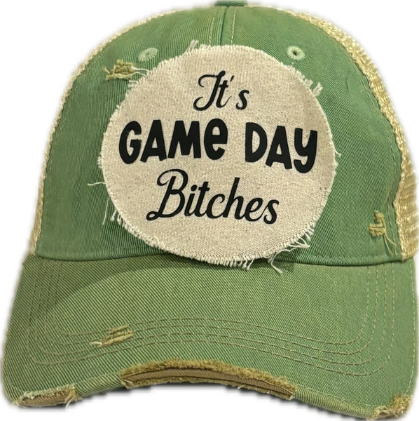 It's Game Day Bitches hat by BohoGroove featuring black It's Game Day Bitches lettering on a mint vintage distressed snapback hat