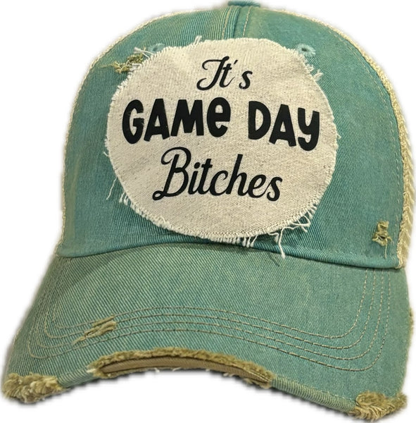 It's Game Day Bitches hat by BohoGroove featuring black It's Game Day Bitches lettering on an ocean blue vintage distressed snapback hat