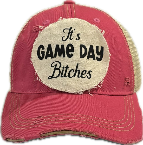 It's Game Day Bitches hat by BohoGroove featuring black It's Game Day Bitches lettering on a pink vintage distressed snapback hat