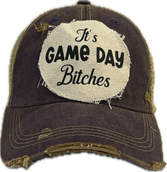 It's Game Day Bitches hat by BohoGroove featuring black It's Game Day Bitches lettering on a purple vintage distressed snapback hat