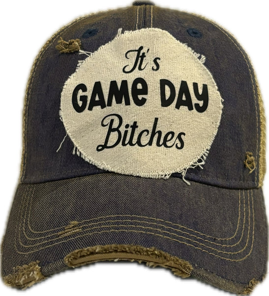 It's Game Day Bitches hat by BohoGroove featuring black It's Game Day Bitches lettering on a royal blue vintage distressed snapback hat