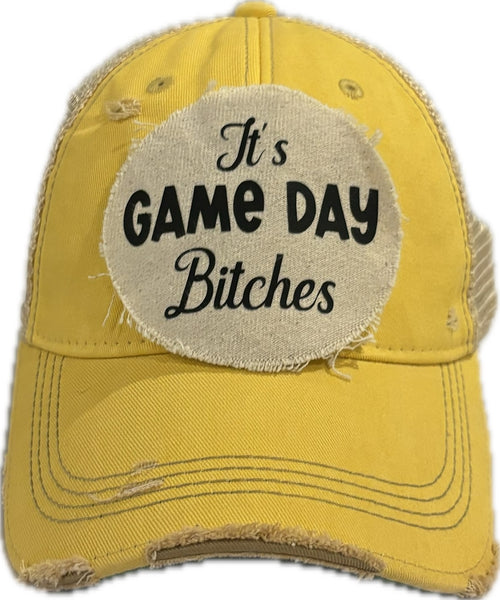 It's Game Day Bitches hat by BohoGroove featuring black It's Game Day Bitches lettering on a yellow vintage distressed snapback hat