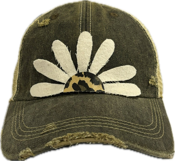 Leopard Daisy hat by BohoGroove featuring white daisy petals with a leopard print center on a black vintage distressed snapback trucker hat.