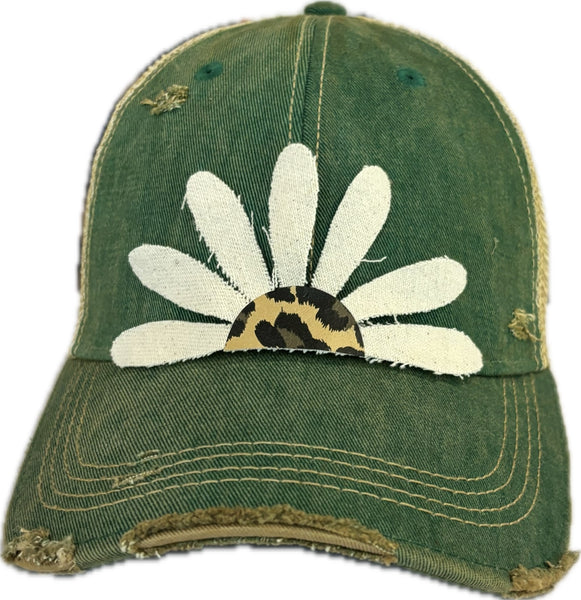 Leopard Daisy hat by BohoGroove featuring white daisy petals with a leopard print center on a green vintage distressed snapback trucker hat.