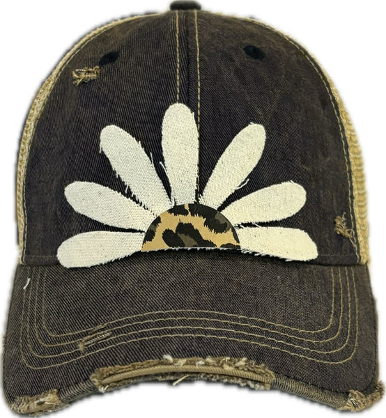 Leopard Daisy hat by BohoGroove featuring white daisy petals with a leopard print center on a navy blue vintage distressed snapback trucker hat.