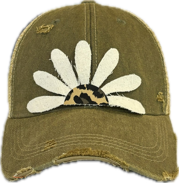 Leopard Daisy hat by BohoGroove featuring white daisy petals with a leopard print center on an olive vintage distressed snapback trucker hat.