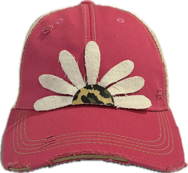 Leopard Daisy hat by BohoGroove featuring white daisy petals with a leopard print center on a pink vintage distressed snapback trucker hat.