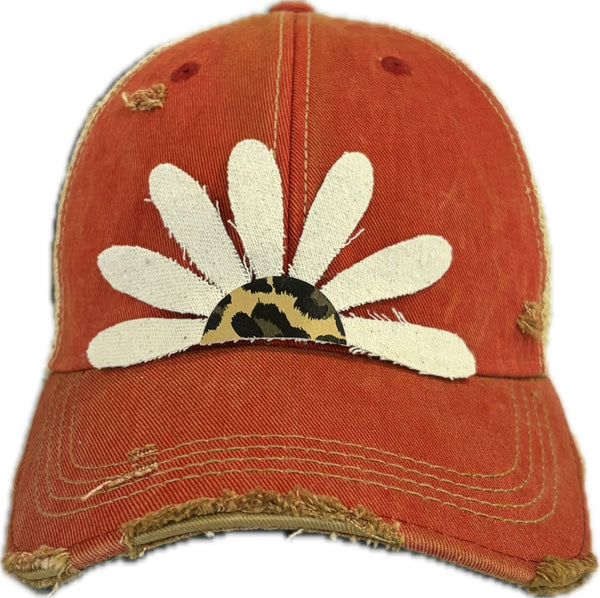 Leopard Daisy hat by BohoGroove featuring white daisy petals with a leopard print center on a red vintage distressed snapback trucker hat.