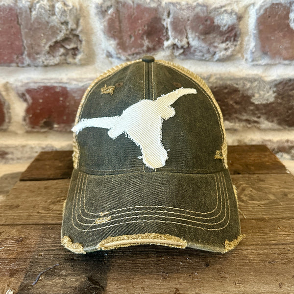 Longhorn Hat by BohoGroove with a distressed off-white longhorn patch on a black vintage distressed snapback trucker hat.