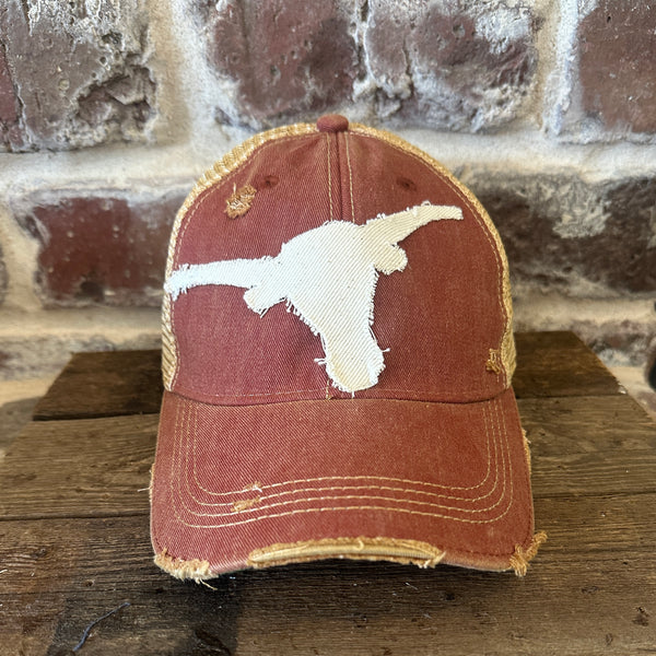Longhorn Hat by BohoGroove with a distressed off-white longhorn patch on a brick red vintage distressed snapback trucker hat.