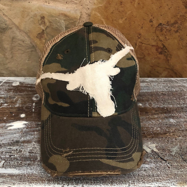 Longhorn hat by BohoGroove featuring a distressed off-white longhorn graphic on a camo vintage distressed snapback.