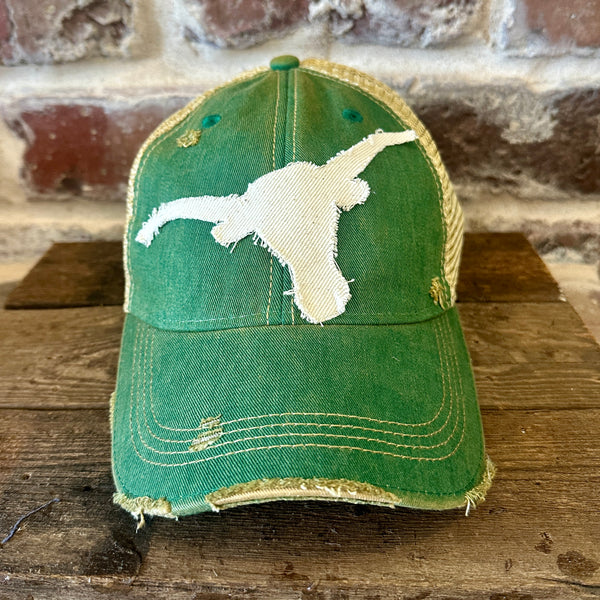 Longhorn Hat by BohoGroove with a distressed off-white longhorn patch on a green vintage distressed snapback trucker hat.