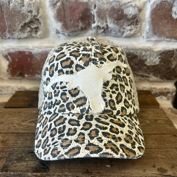 Longhorn Hat by BohoGroove with a distressed off-white longhorn patch on a leopard vintage distressed snapback trucker hat.