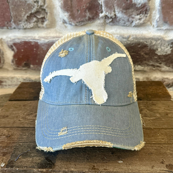 Longhorn Hat by BohoGroove with a distressed off-white longhorn patch on a light blue vintage distressed snapback trucker hat.