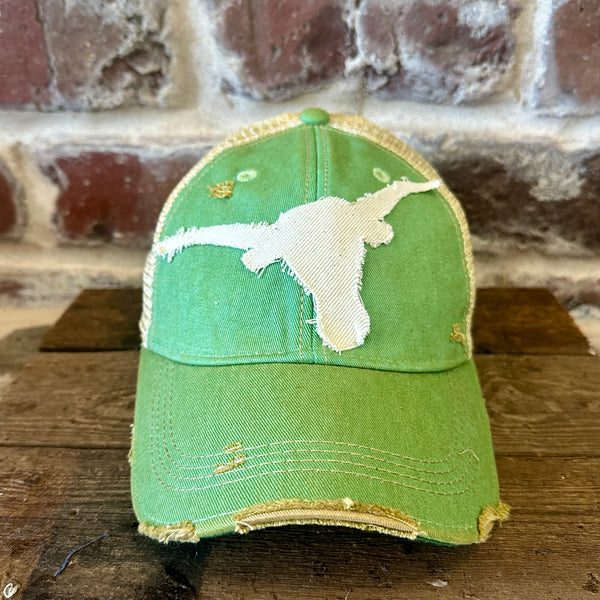 Longhorn Hat by BohoGroove with a distressed off-white longhorn patch on a mint vintage distressed snapback trucker hat.